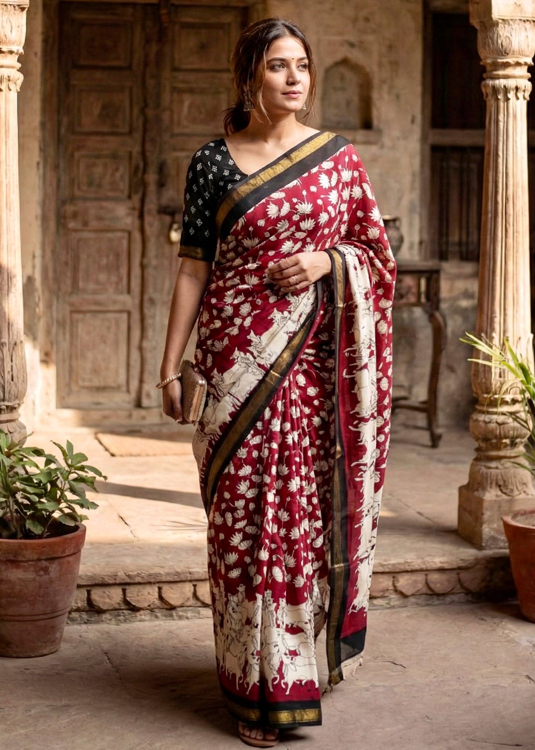 SOFT MASLIN  MULMUL COTTON WITH HEAVY ZARI BORDER MAROON SAREE WITH BLOUSE