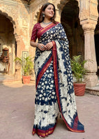 SOFT MASLIN  MULMUL COTTON WITH HEAVY ZARI BORDER NEVY BLUE SAREE WITH BLOUSE