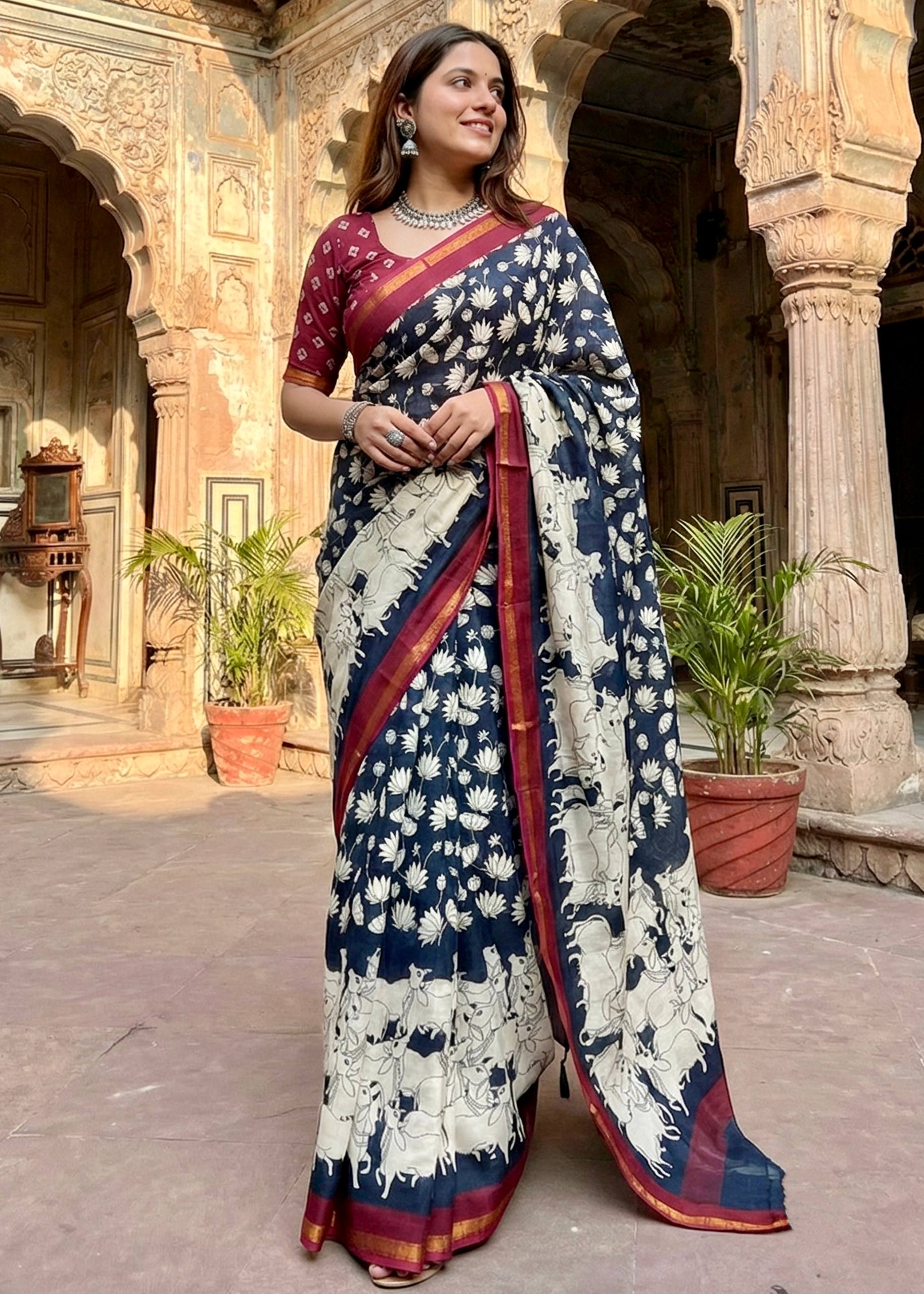 SOFT MASLIN  MULMUL COTTON WITH HEAVY ZARI BORDER NEVY BLUE SAREE WITH BLOUSE