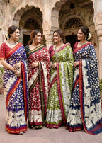 SOFT MASLIN  MULMUL COTTON WITH HEAVY ZARI BORDER MEHANDI GREEN SAREE WITH BLOUSE