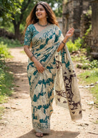 PURE KALAMKARI MULMUL COTTON HAND BLOCK PRINT TEAL SAREE WITH BLOUSE