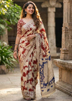 PURE KALAMKARI MULMUL COTTON HAND BLOCK PRINT MAROON SAREE WITH BLOUSE