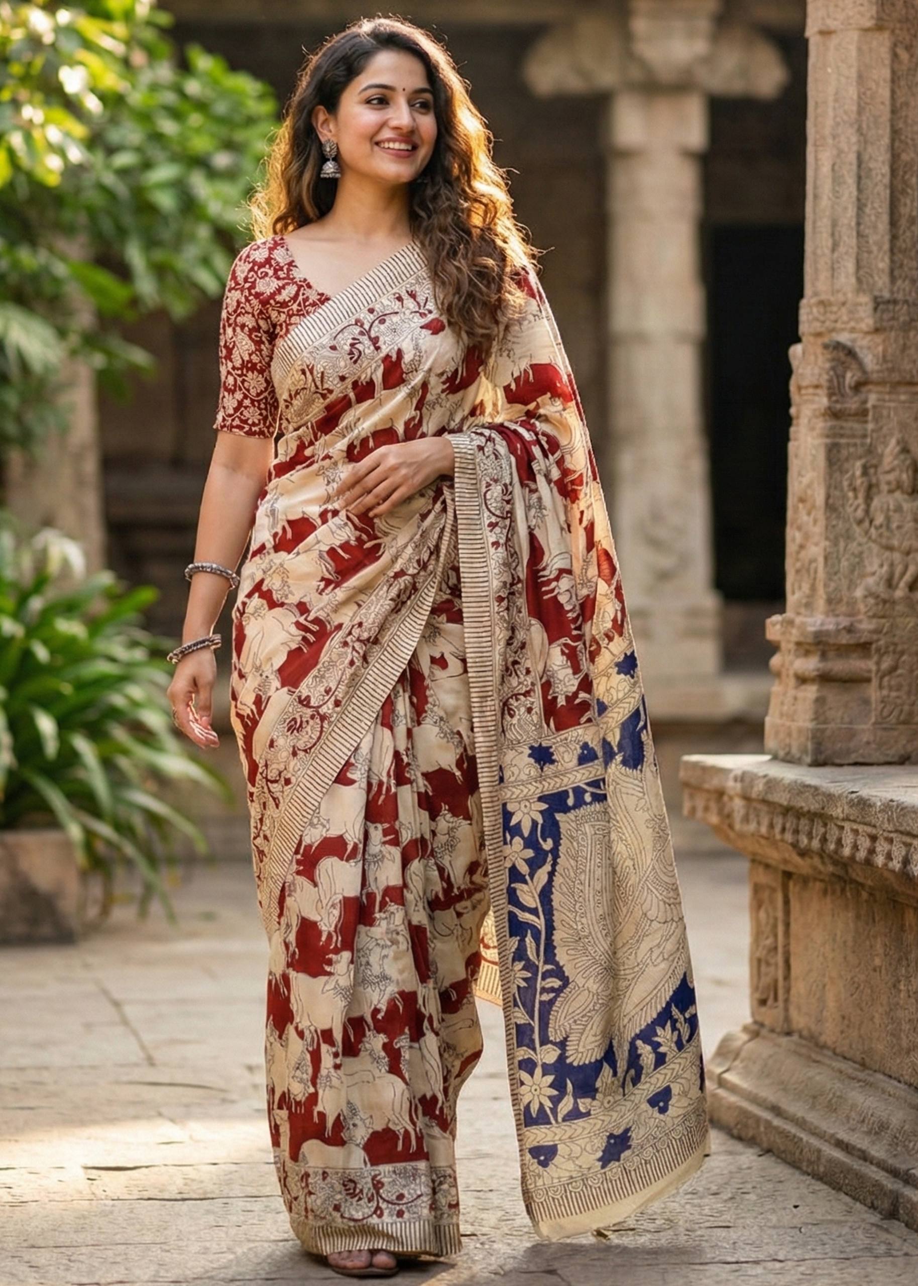 PURE KALAMKARI MULMUL COTTON HAND BLOCK PRINT MAROON SAREE WITH BLOUSE