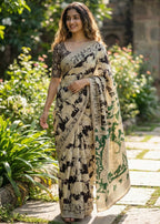 PURE KALAMKARI MULMUL COTTON HAND BLOCK PRINT BLACK SAREE WITH BLOUSE