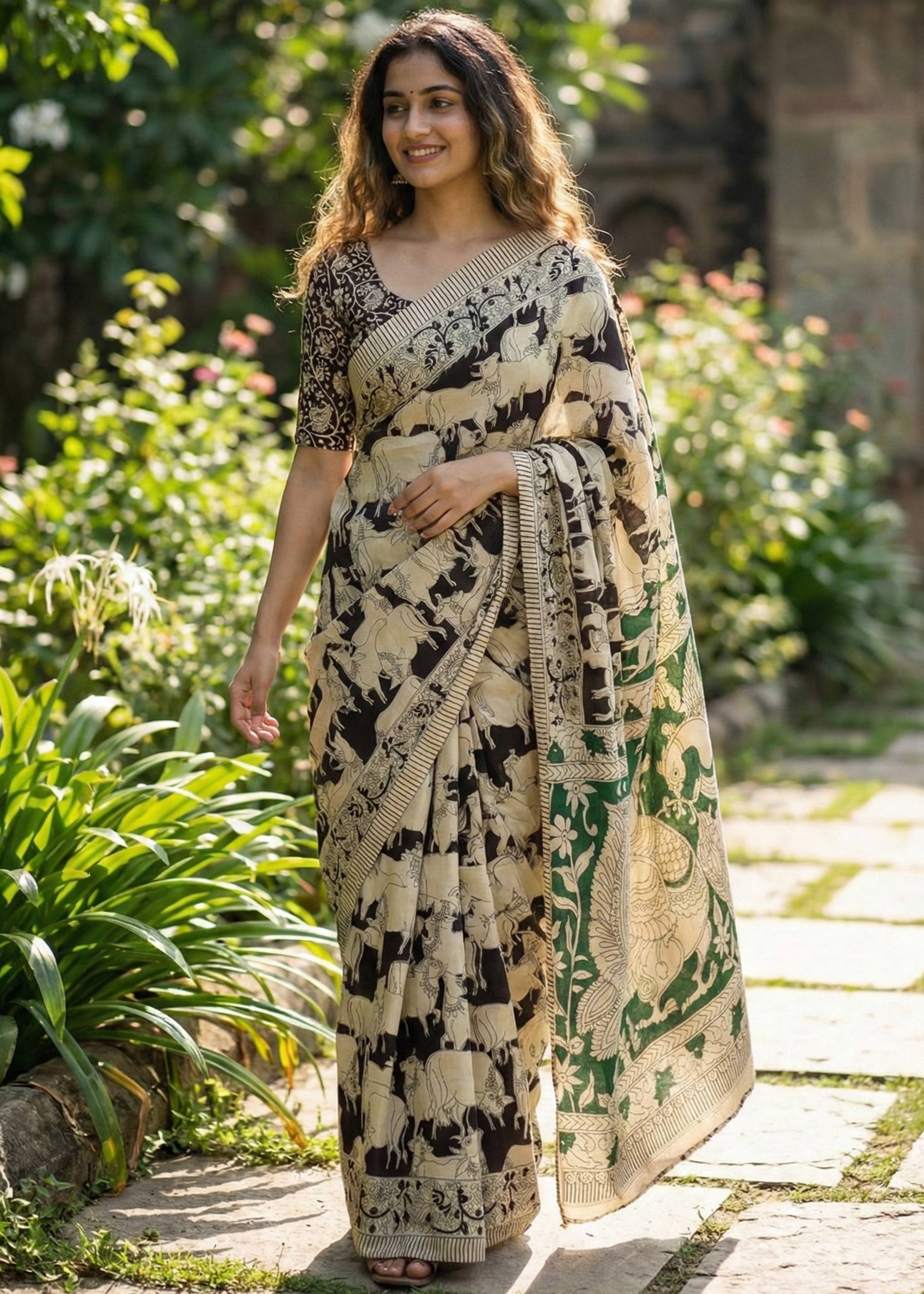 PURE KALAMKARI MULMUL COTTON HAND BLOCK PRINT BLACK SAREE WITH BLOUSE