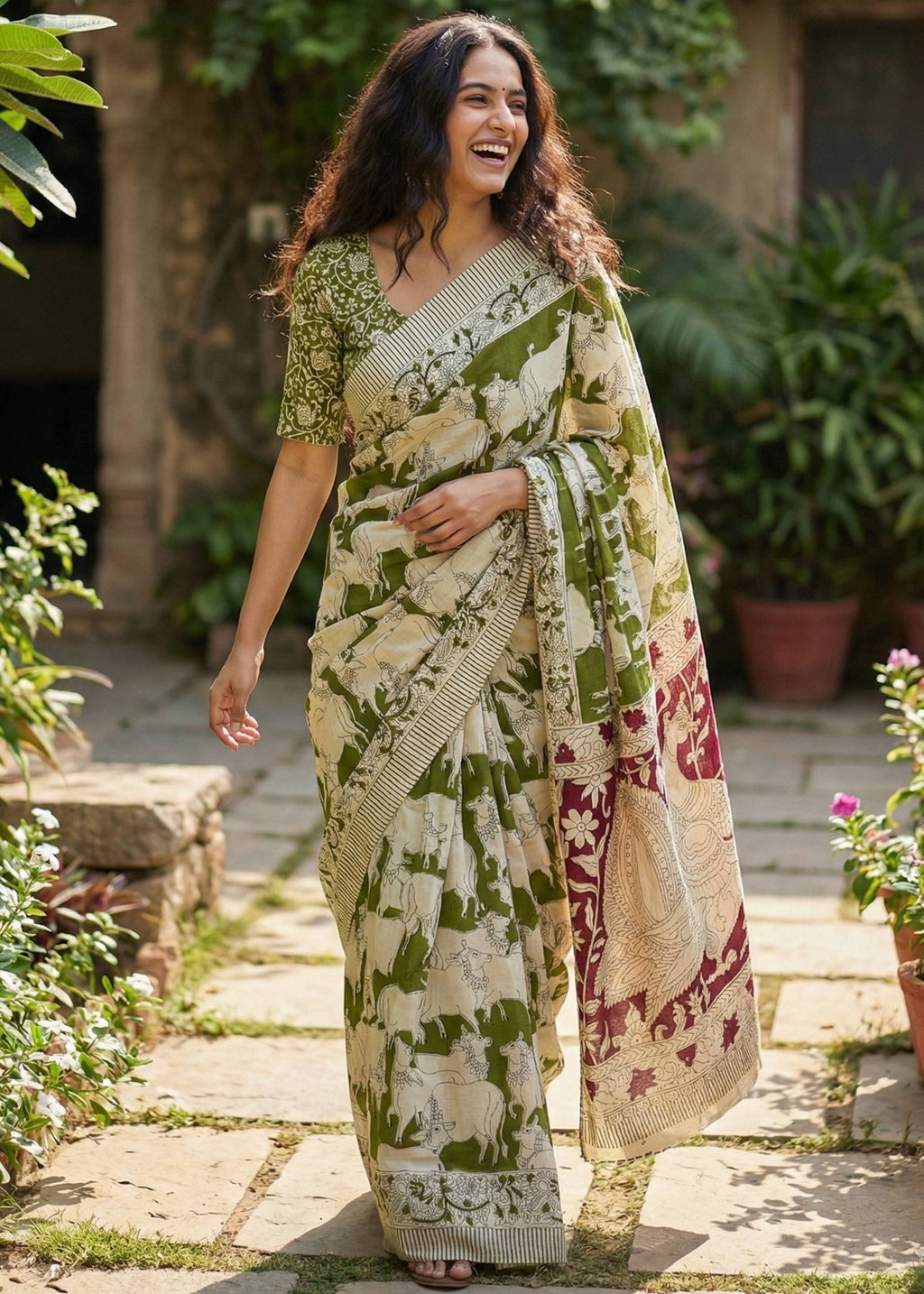 PURE KALAMKARI MULMUL COTTON HAND BLOCK PRINT GREEN SAREE WITH BLOUSE