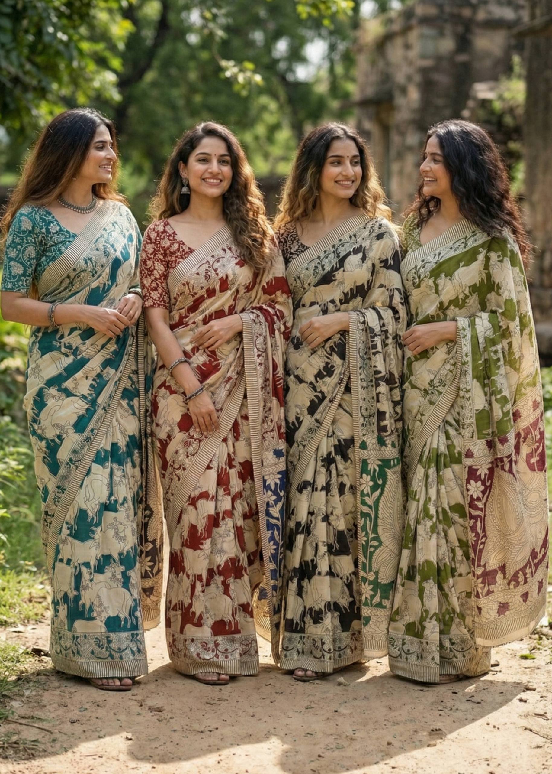 PURE KALAMKARI MULMUL COTTON HAND BLOCK PRINT GREEN SAREE WITH BLOUSE
