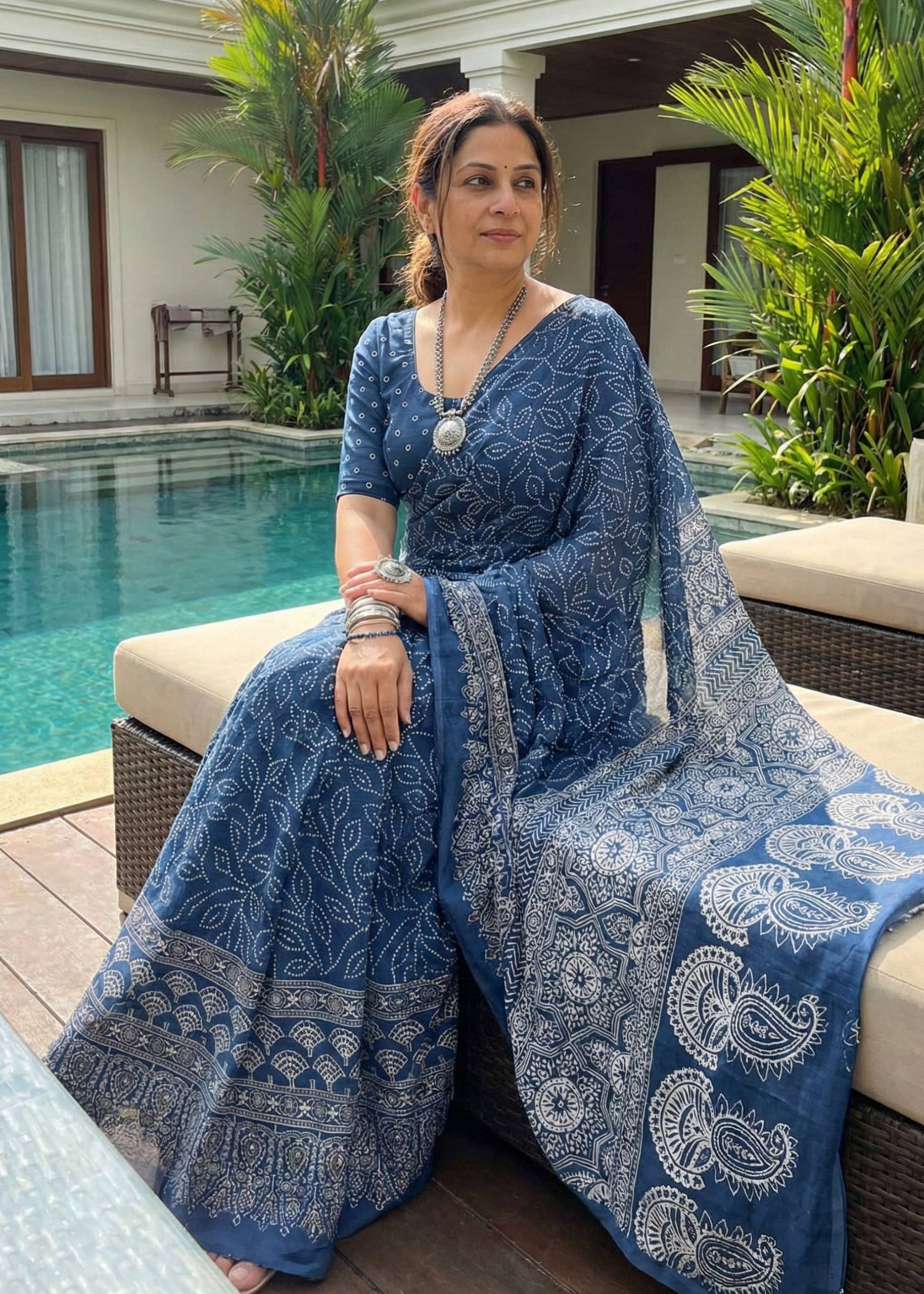 SOFT PURE COTTON BANDHANI BLOCK PRINT BLUE SAREE WITH BLOUSE
