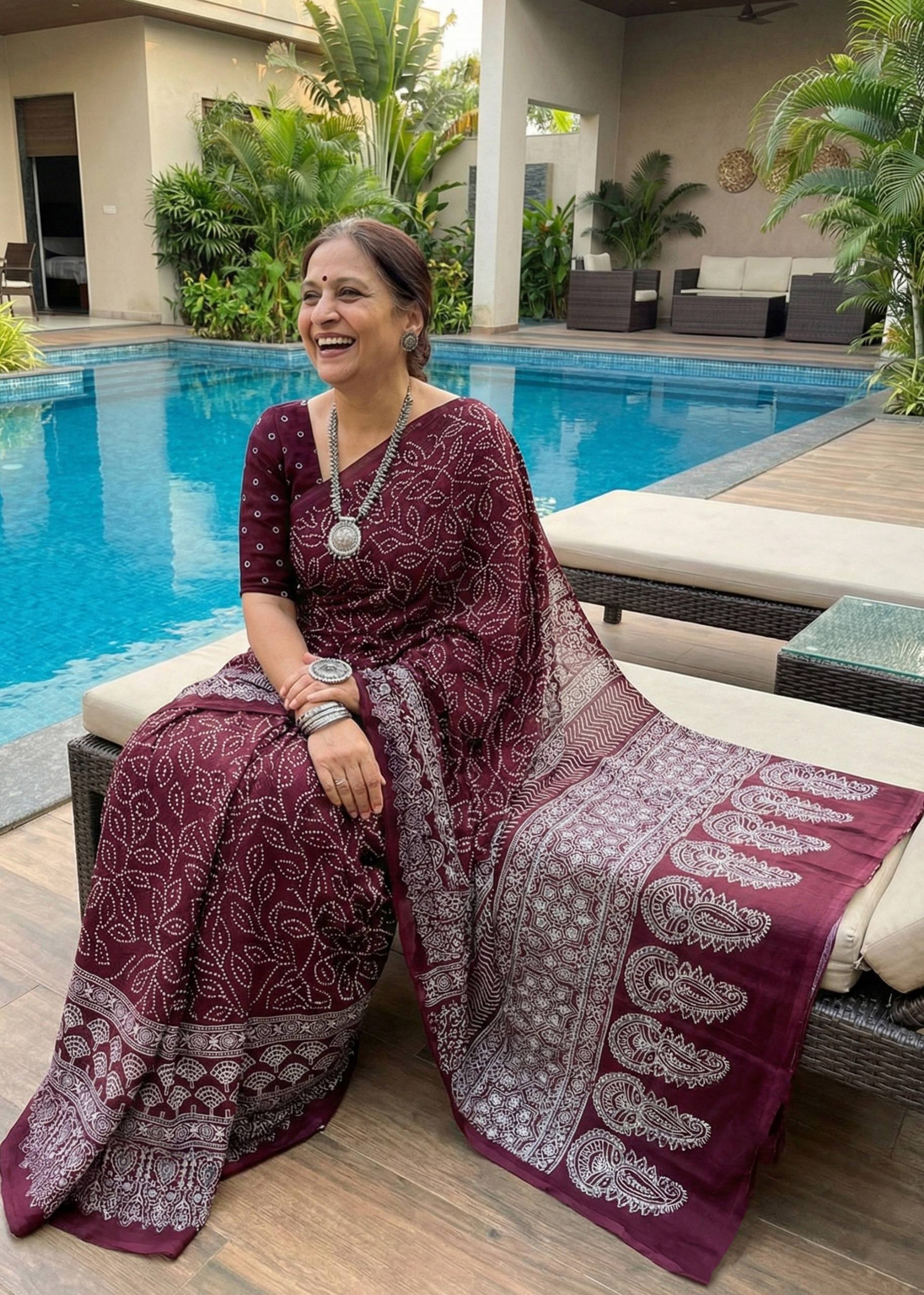 SOFT PURE COTTON BANDHANI BLOCK PRINT MAROON SAREE WITH BLOUSE