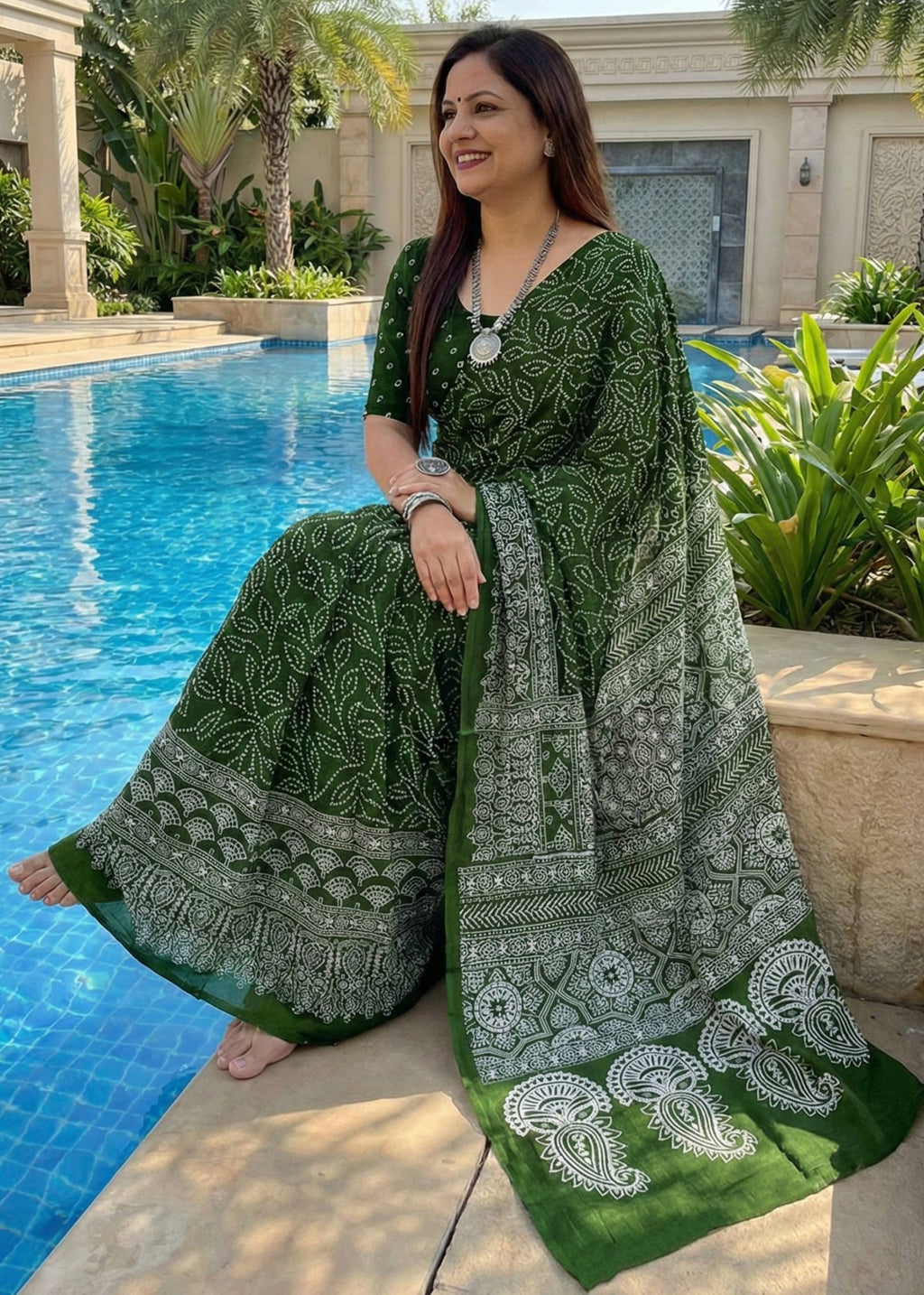 SOFT PURE COTTON BANDHANI BLOCK PRINT GREEN SAREE WITH BLOUSE