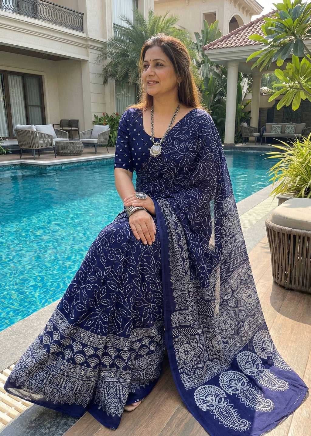 SOFT PURE COTTON BANDHANI BLOCK PRINT NEVY BLUE SAREE WITH BLOUSE