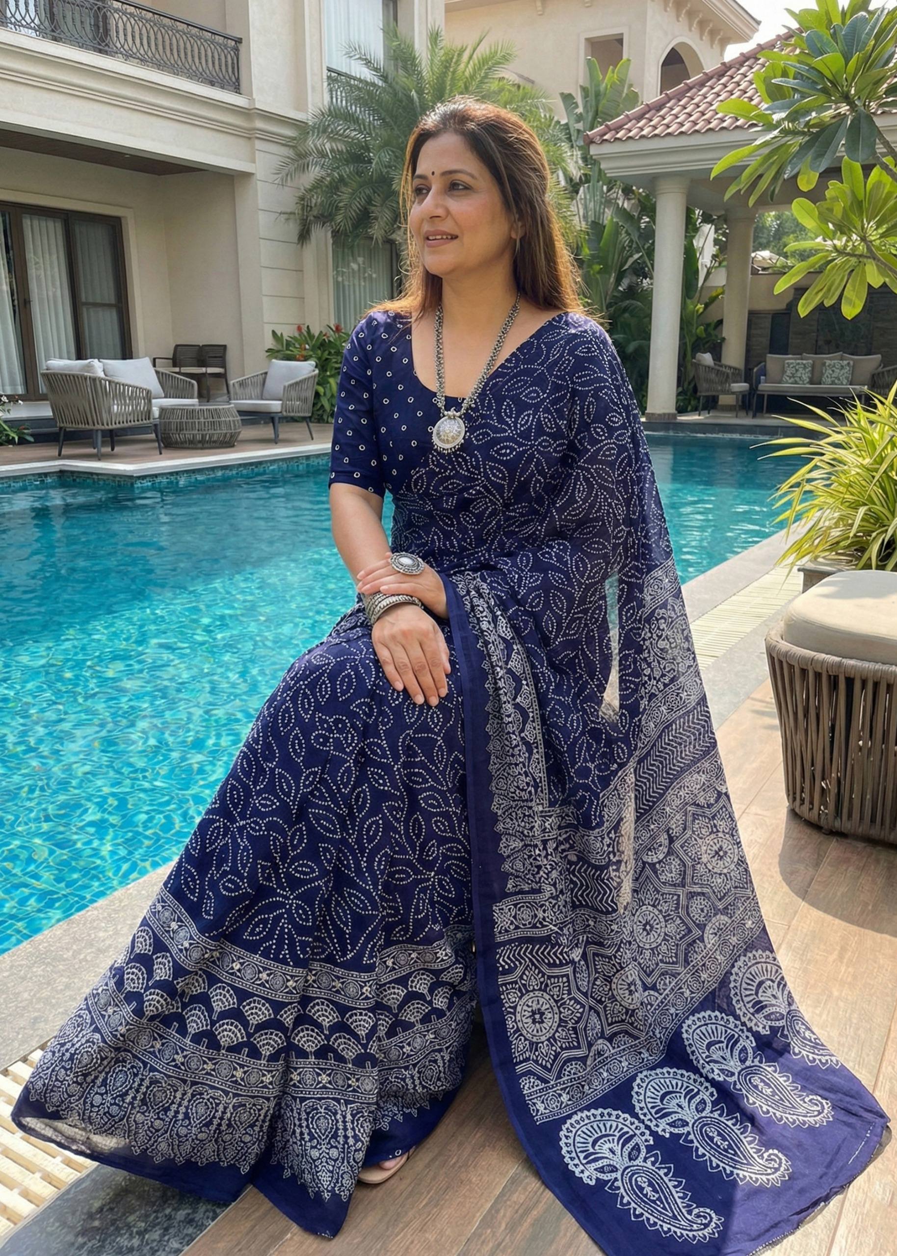 SOFT PURE COTTON BANDHANI BLOCK PRINT NEVY BLUE SAREE WITH BLOUSE