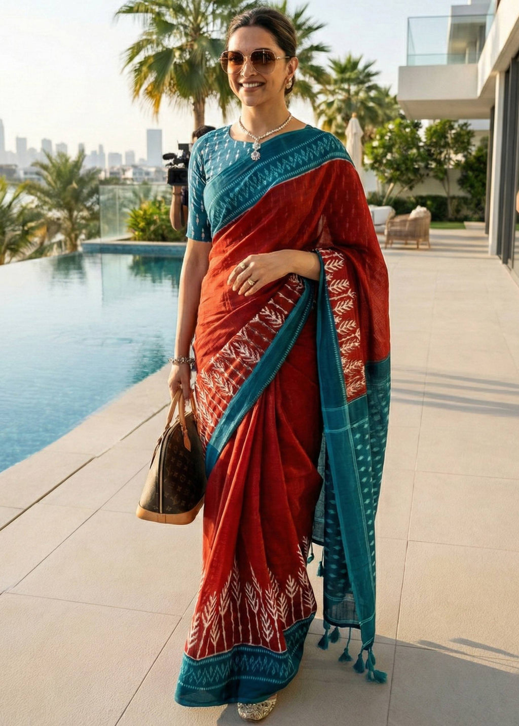 PURE COTTON HAND IKKAT BLOCK PRINT RED SAREE WITH BLOUSE