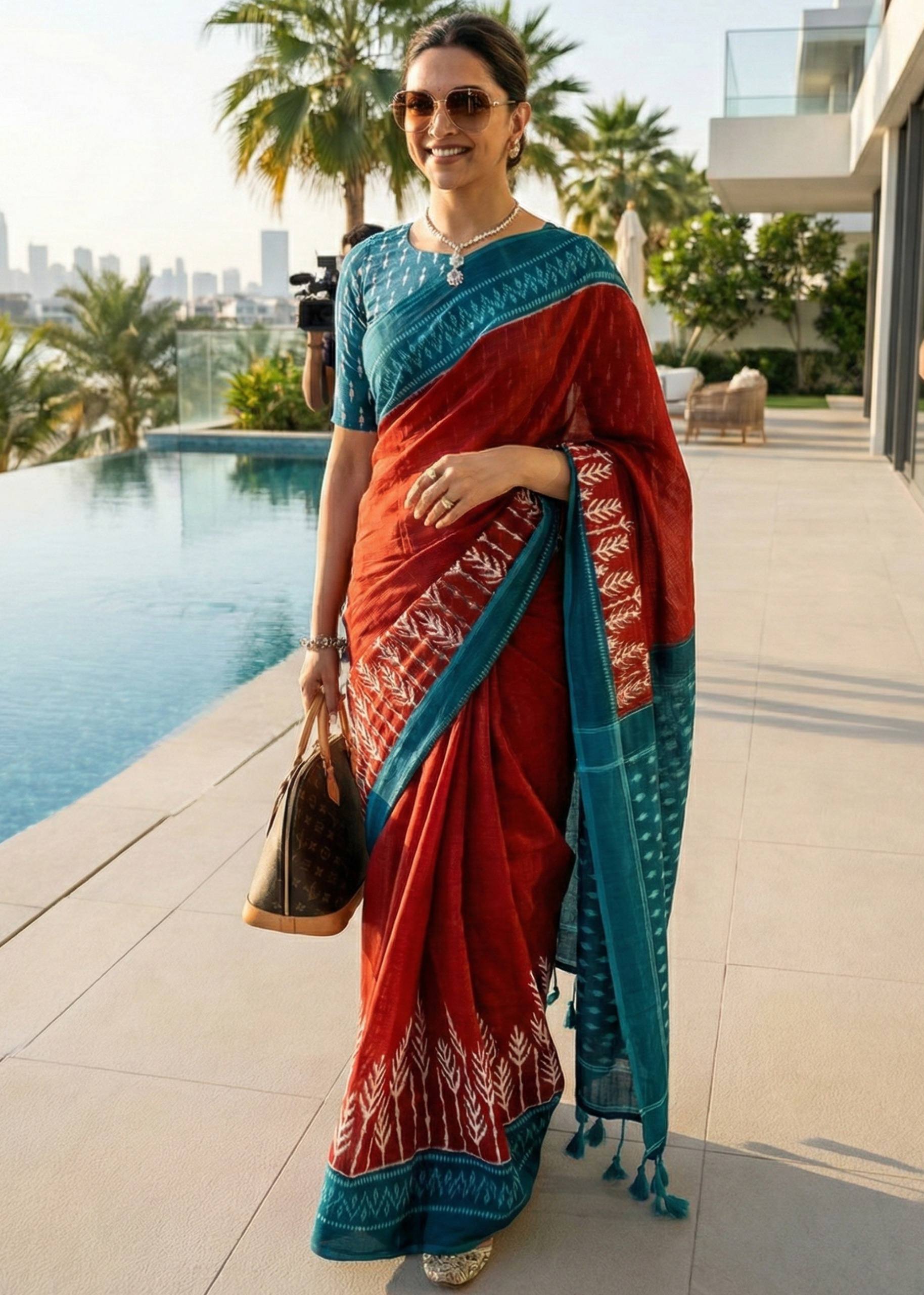 PURE COTTON HAND IKKAT BLOCK PRINT RED SAREE WITH BLOUSE