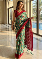SOFT PURE COTTON HAND BAGRU PRINT GREEN SAREE WITH BLOUSE