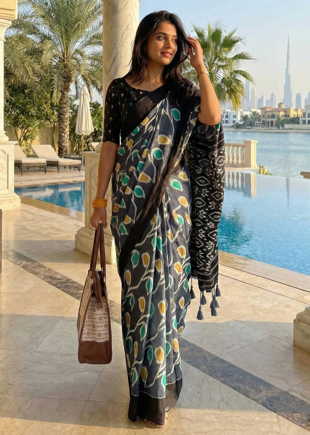 SOFT PURE COTTON HAND BAGRU PRINT BLACK SAREE WITH BLOUSE
