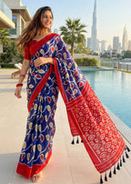 SOFT PURE COTTON HAND BAGRU PRINT BLUE SAREE WITH BLOUSE