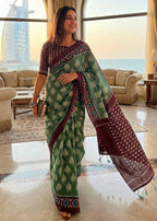 SOFT PURE COTTON HAND BAGRU PRINT GREEN SAREE WITH BLOUSE