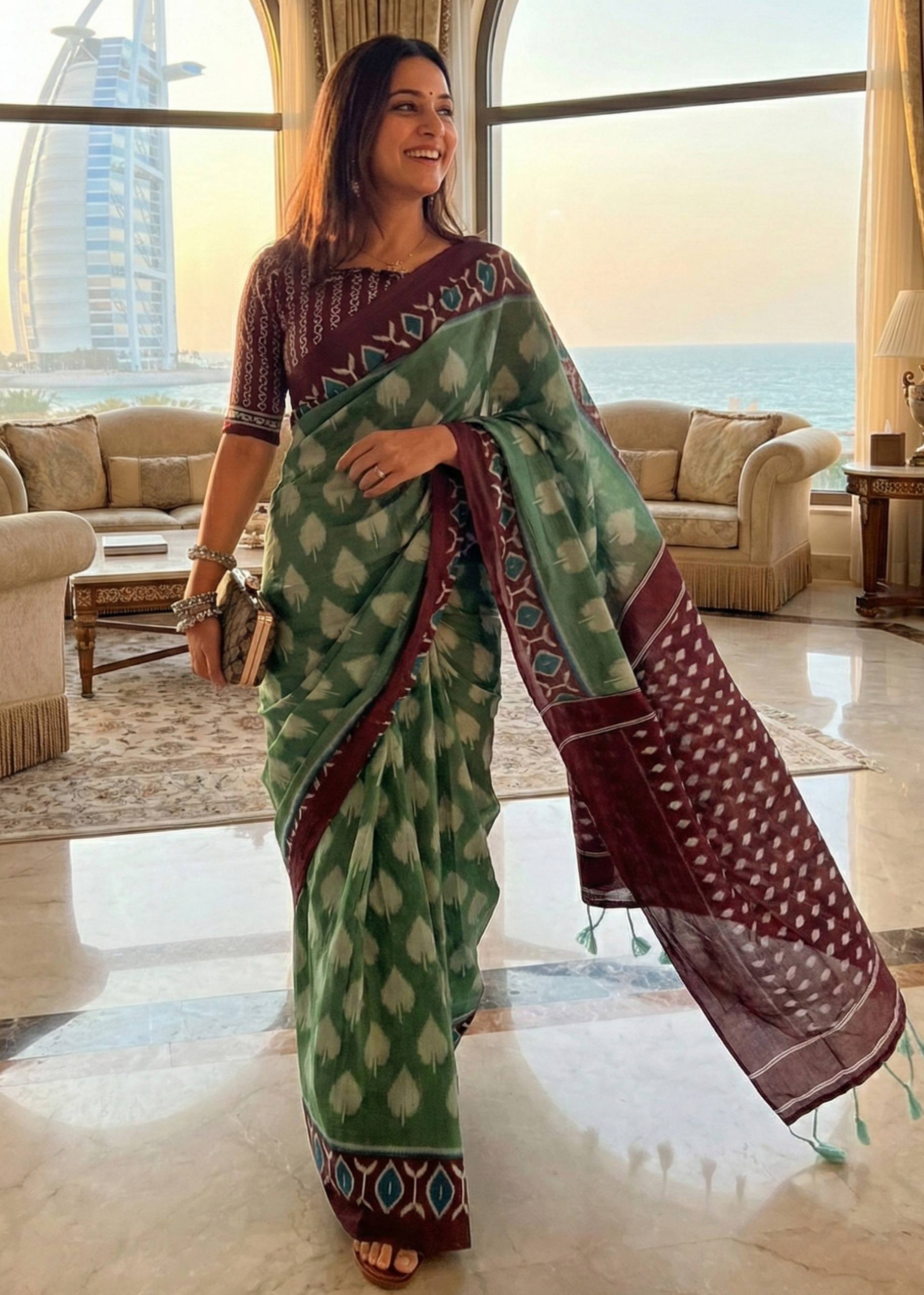 SOFT PURE COTTON HAND BAGRU PRINT GREEN SAREE WITH BLOUSE