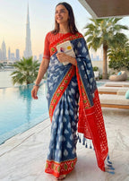 SOFT PURE COTTON HAND BAGRU PRINT NEVY BLUE SAREE WITH BLOUSE