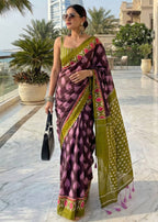 SOFT PURE COTTON HAND BAGRU PRINT PURPLE SAREE WITH BLOUSE