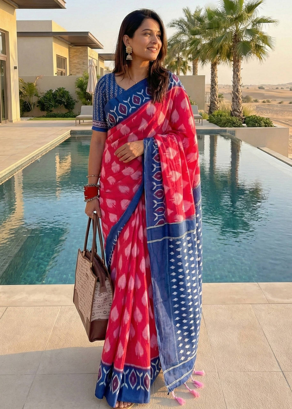 SOFT PURE COTTON HAND BAGRU PRINT PINK SAREE WITH BLOUSE