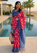 SOFT PURE COTTON HAND BAGRU PRINT PINK SAREE WITH BLOUSE