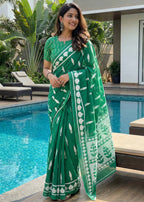 SOFT PURE COTTON BAGRU BLOCK PRINT GREEN SAREE WITH BLOUSE
