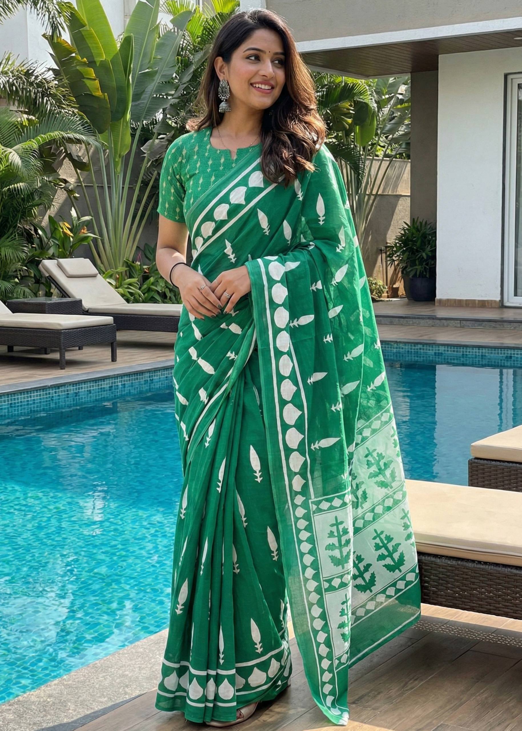 SOFT PURE COTTON BAGRU BLOCK PRINT GREEN SAREE WITH BLOUSE