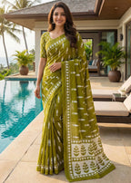 SOFT PURE COTTON BAGRU BLOCK PRINT MEHANDI GREEN SAREE WITH BLOUSE