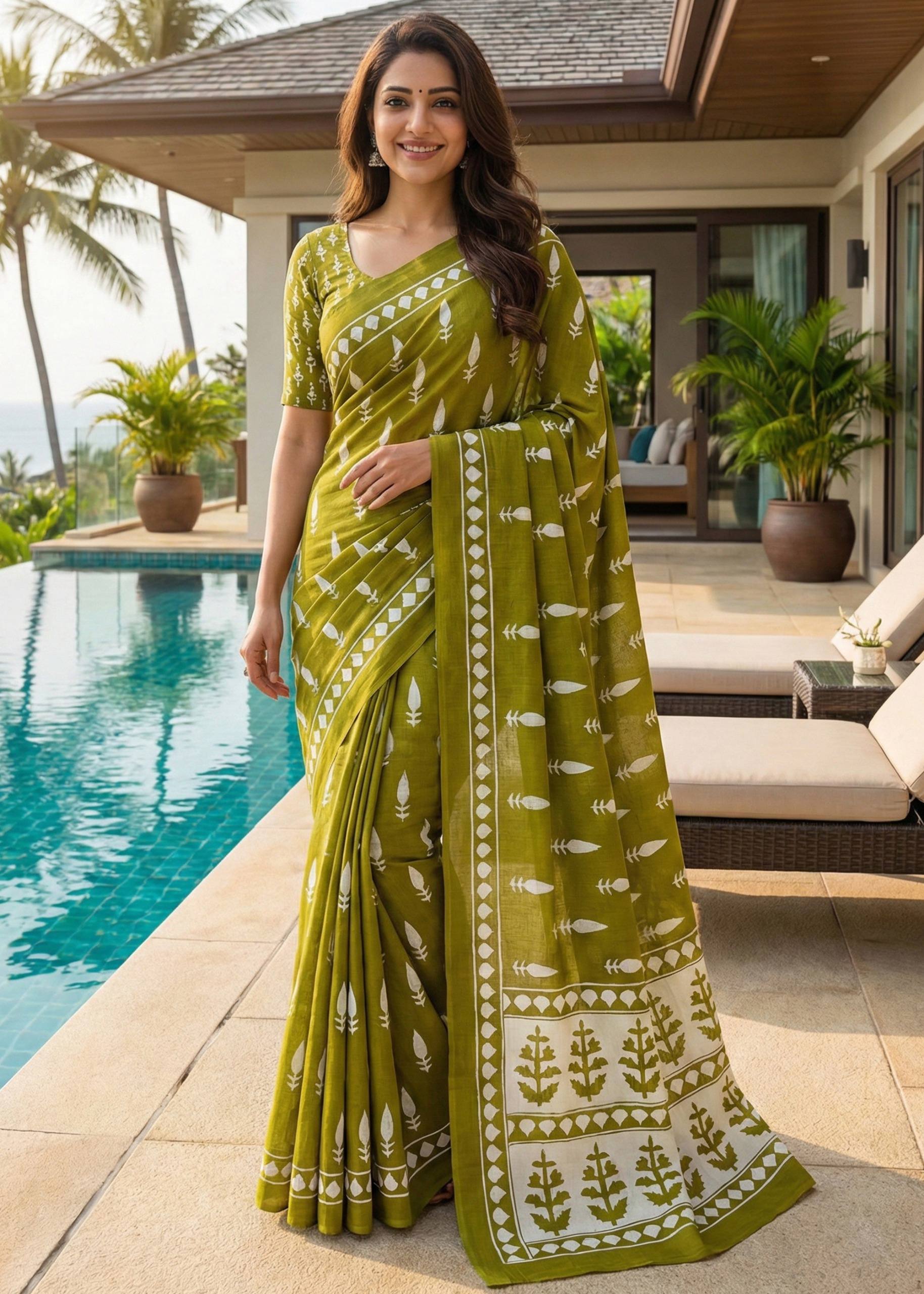 SOFT PURE COTTON BAGRU BLOCK PRINT MEHANDI GREEN SAREE WITH BLOUSE