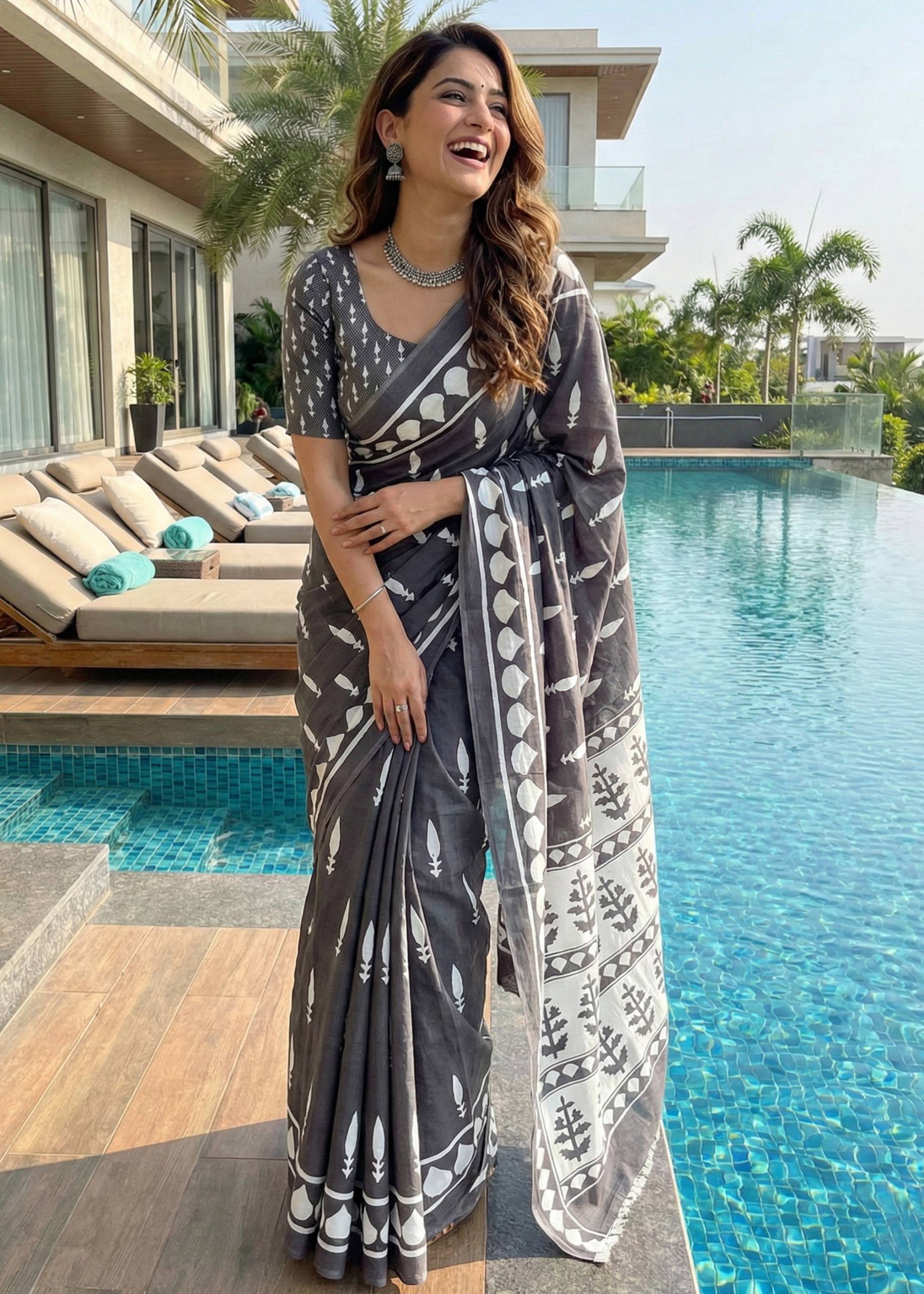 SOFT PURE COTTON BAGRU BLOCK PRINT BLACK SAREE WITH BLOUSE