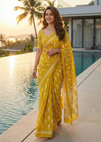 SOFT PURE COTTON BAGRU BLOCK PRINT YELLOW SAREE WITH BLOUSE