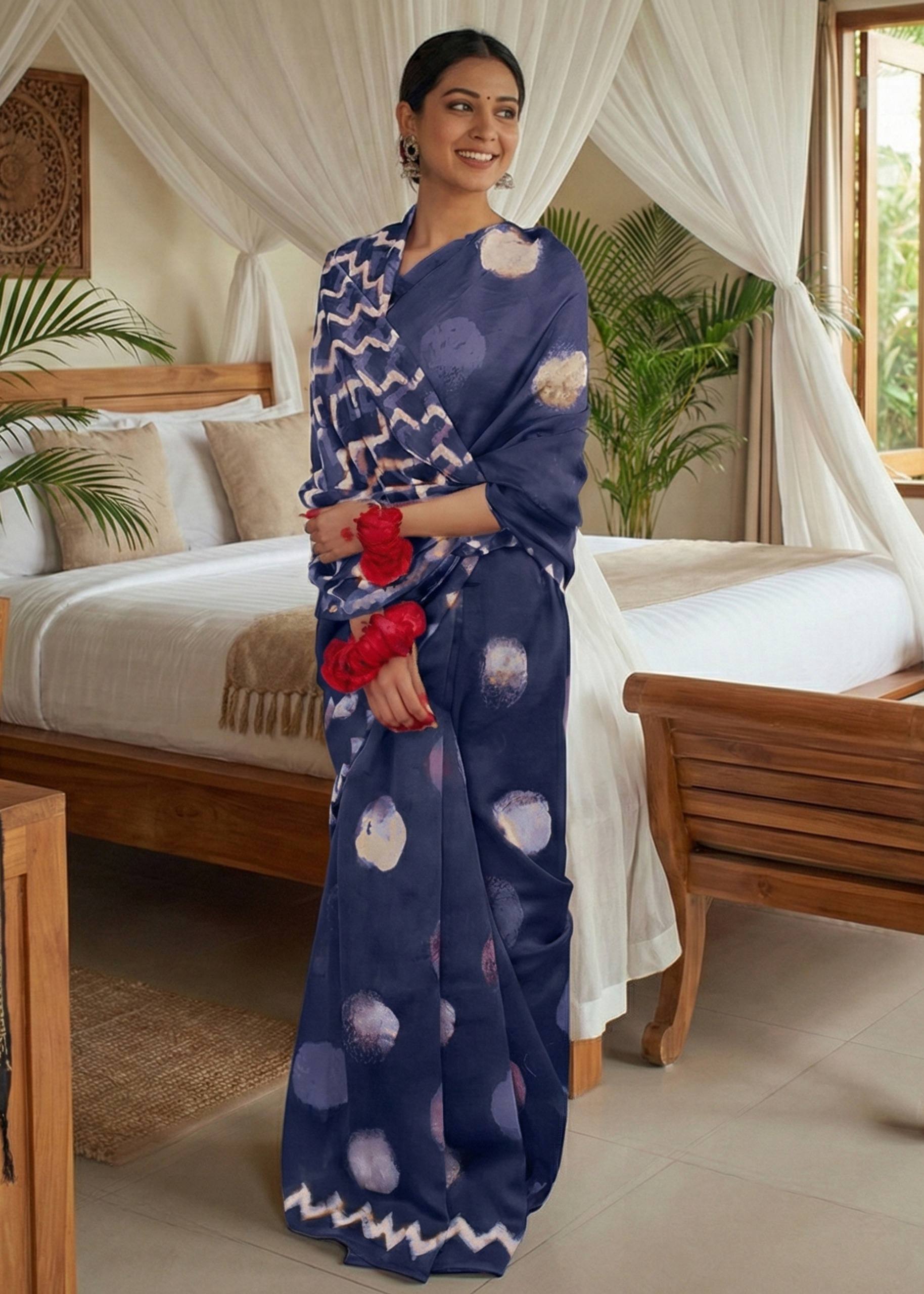 SOFT PURE COTTON SHIBORI PRINT NEVY BLUE SAREE WITH BLOUSE
