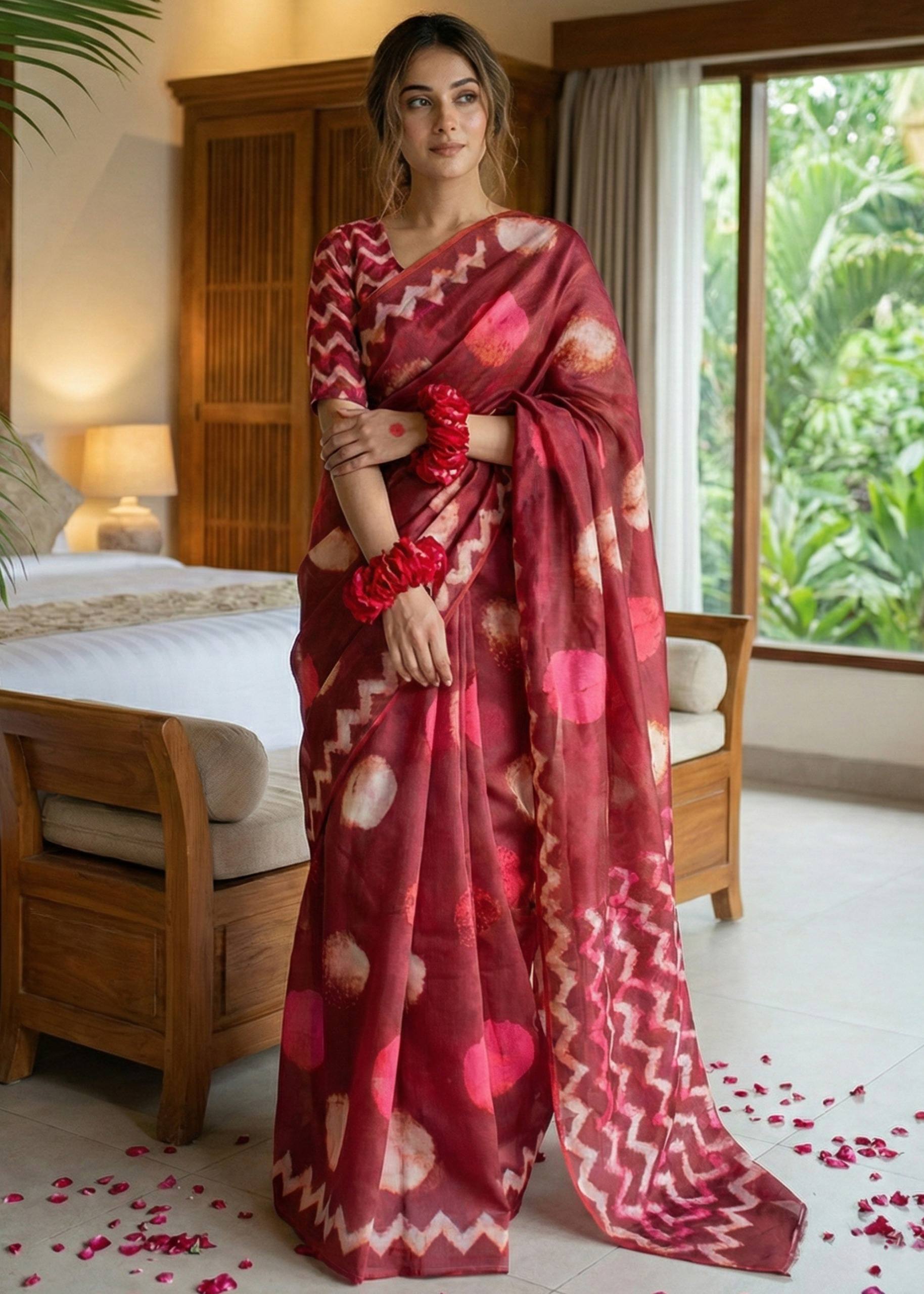 SOFT PURE COTTON SHIBORI PRINT MAROON SAREE WITH BLOUSE