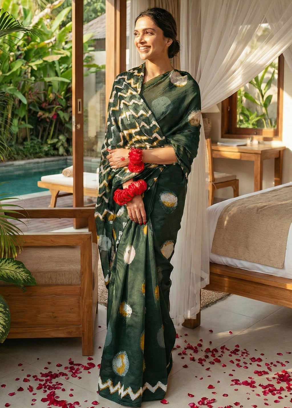 SOFT PURE COTTON SHIBORI PRINT GREEN SAREE WITH BLOUSE