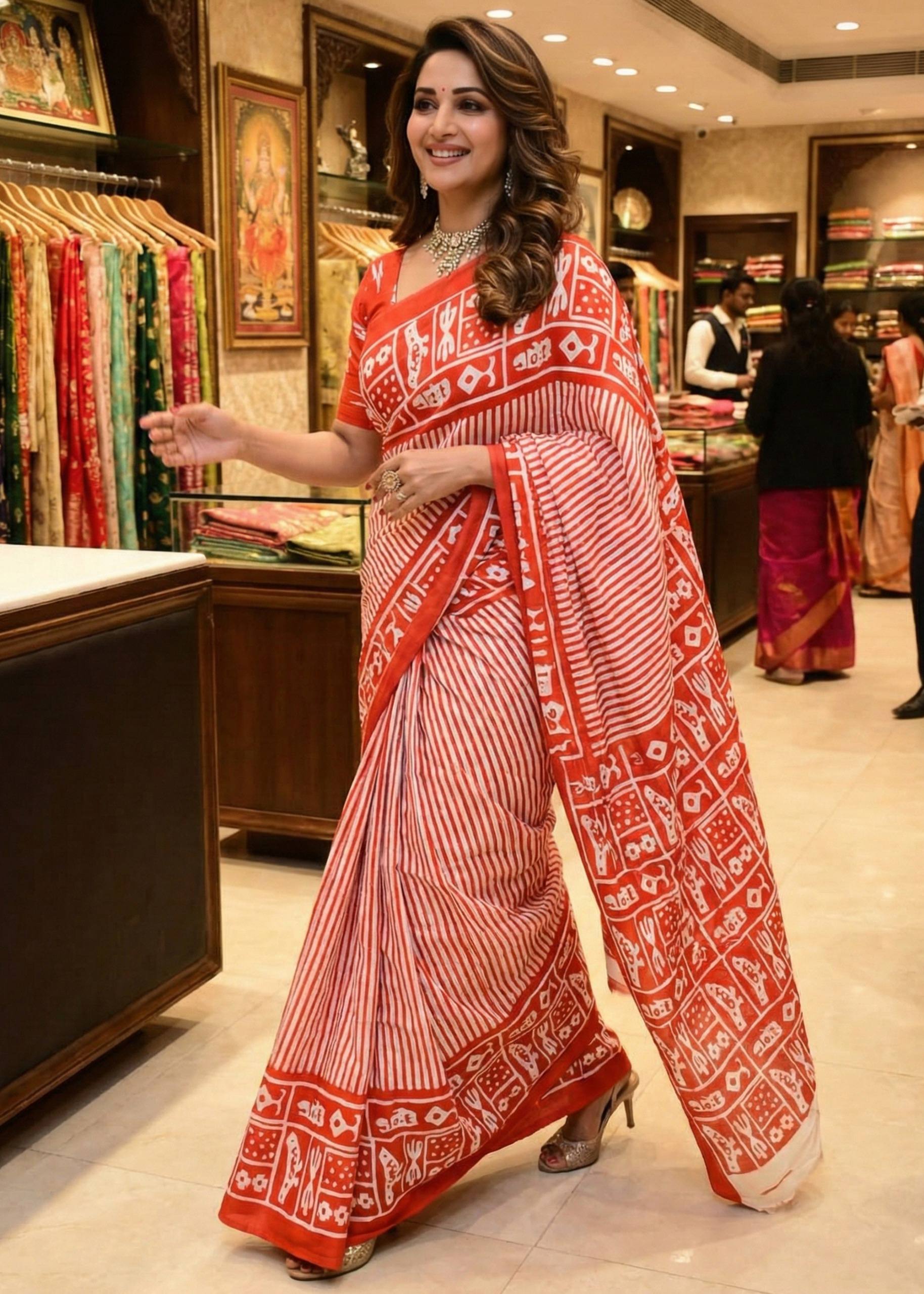 SOFT PURE COTTON SANGANERI PRINT ORANGE SAREE WITH BLOUSE