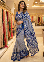 SOFT PURE COTTON SANGANERI PRINT BLUE SAREE WITH BLOUSE