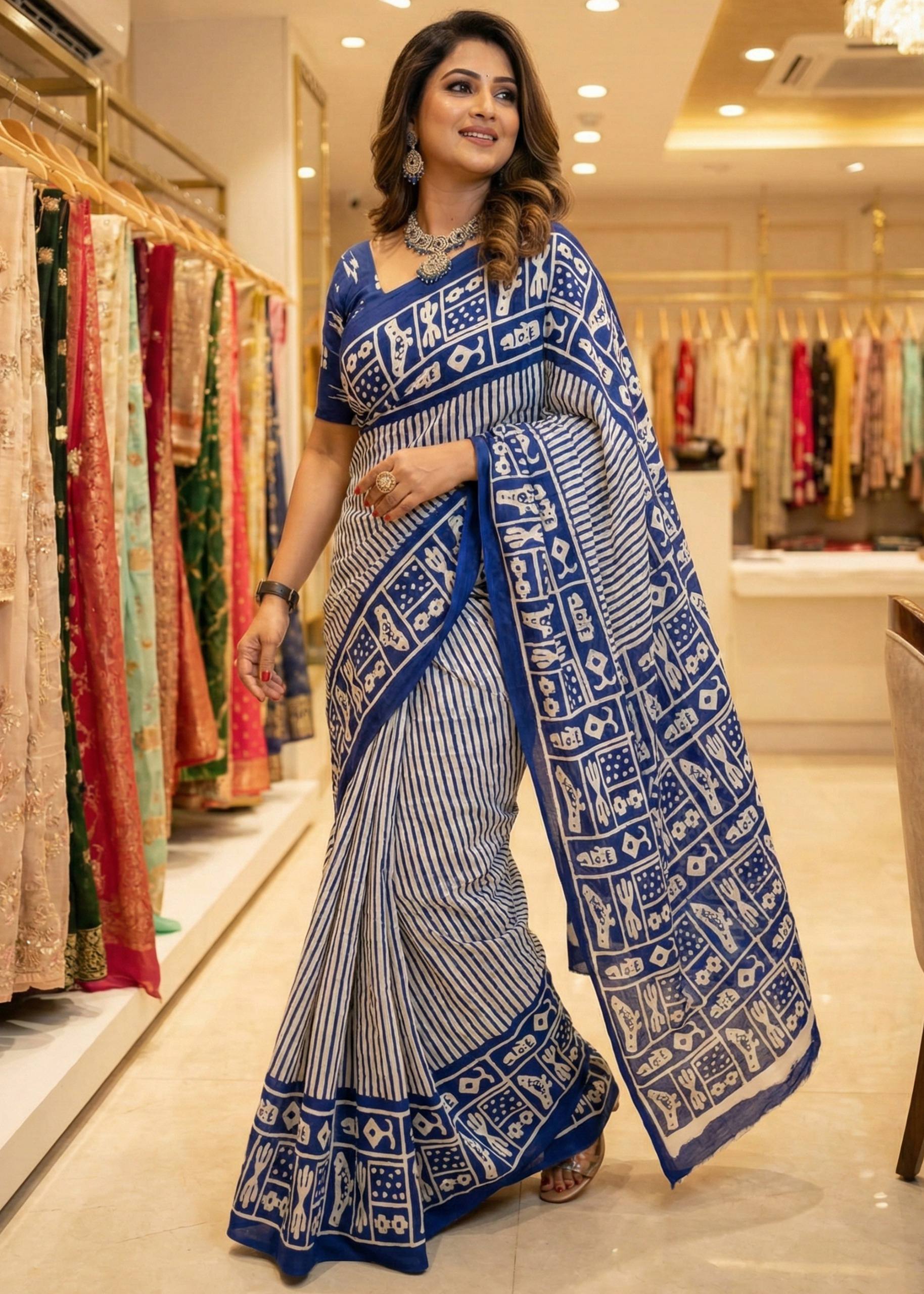 SOFT PURE COTTON SANGANERI PRINT BLUE SAREE WITH BLOUSE