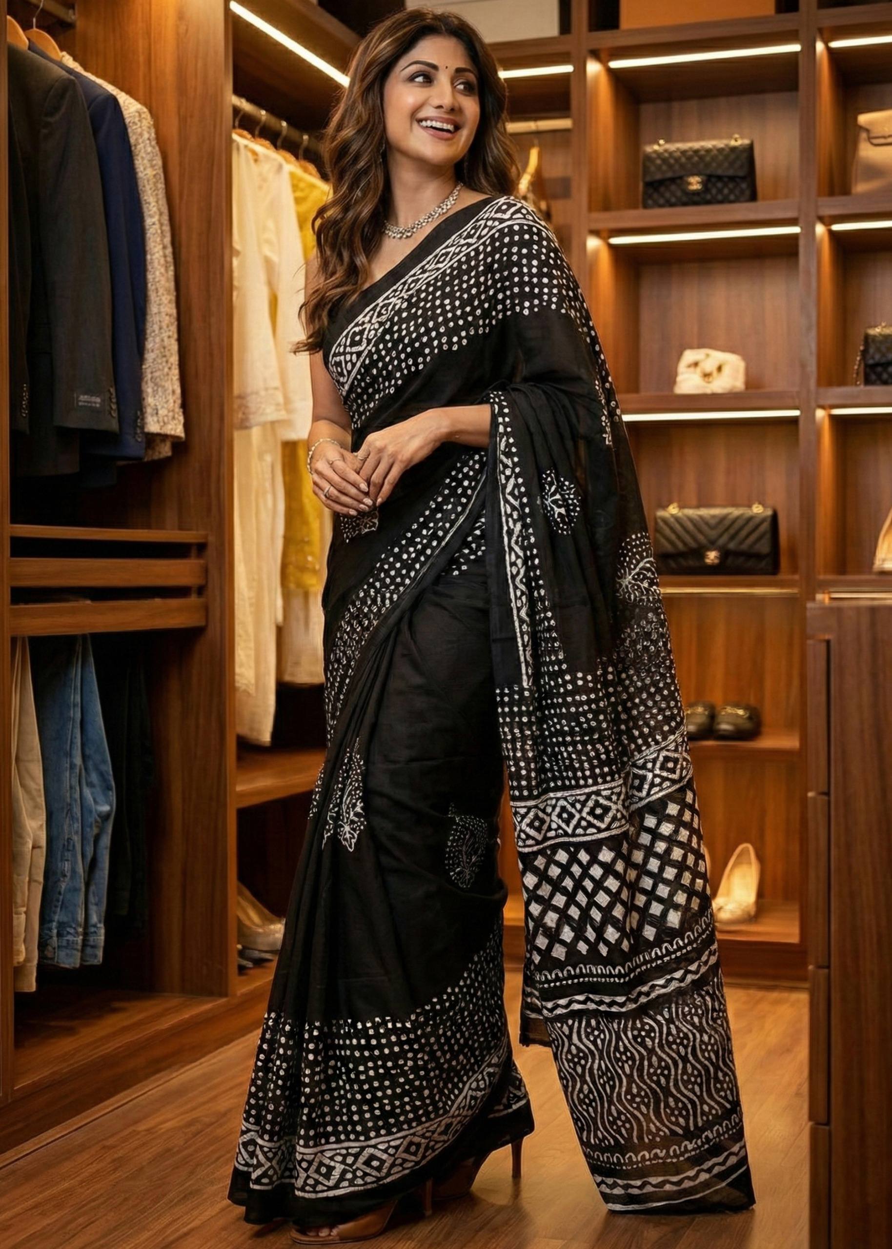 SOFT PURE COTTON JAIPUR BAGRU BLOCK PRINT BLACK SAREE WITH BLOUSE