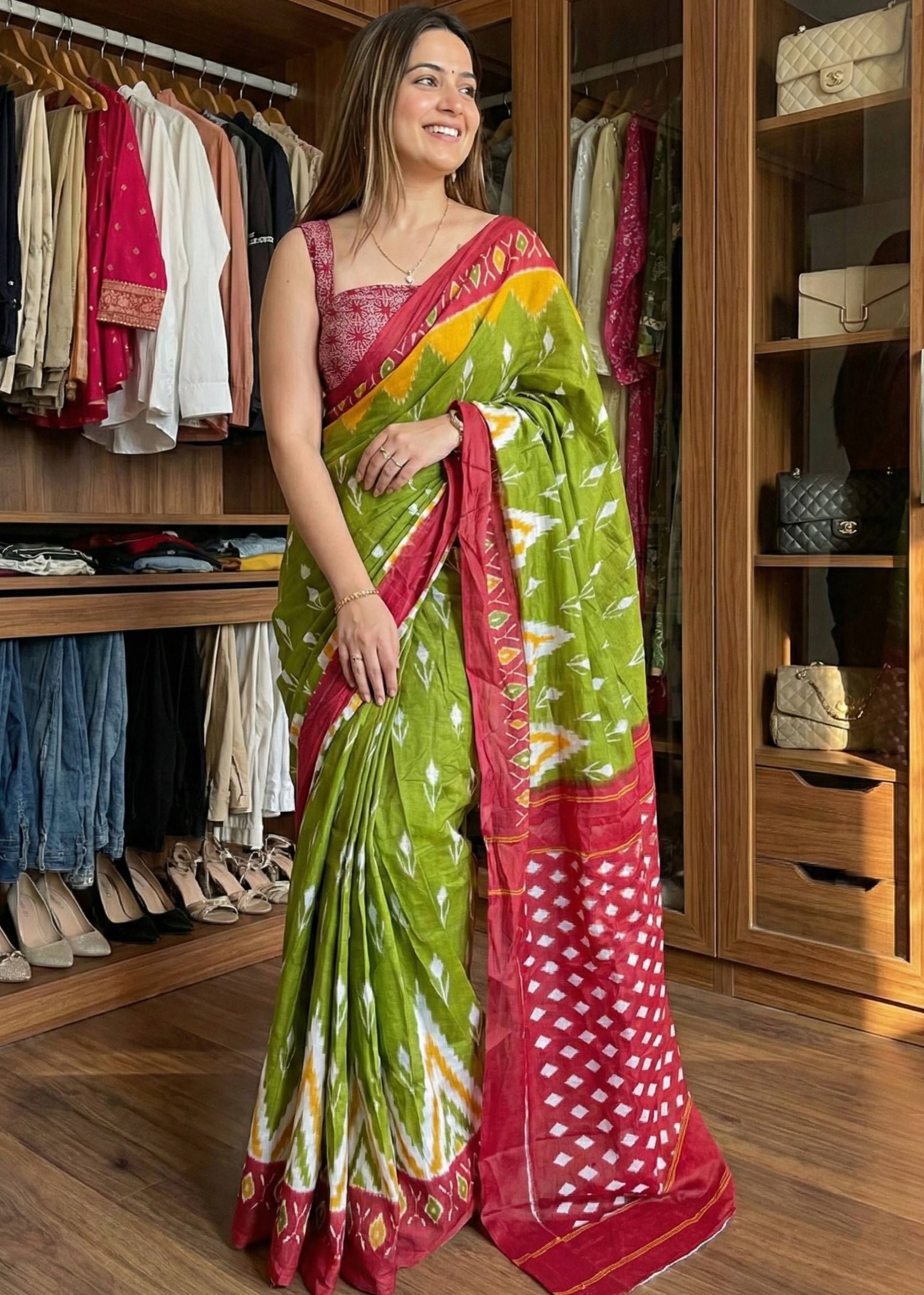 SOFT PURE COTTON JAIPUR BAGRU BLOCK PRINT MEHANDI GREEN SAREE WITH BLOUSE