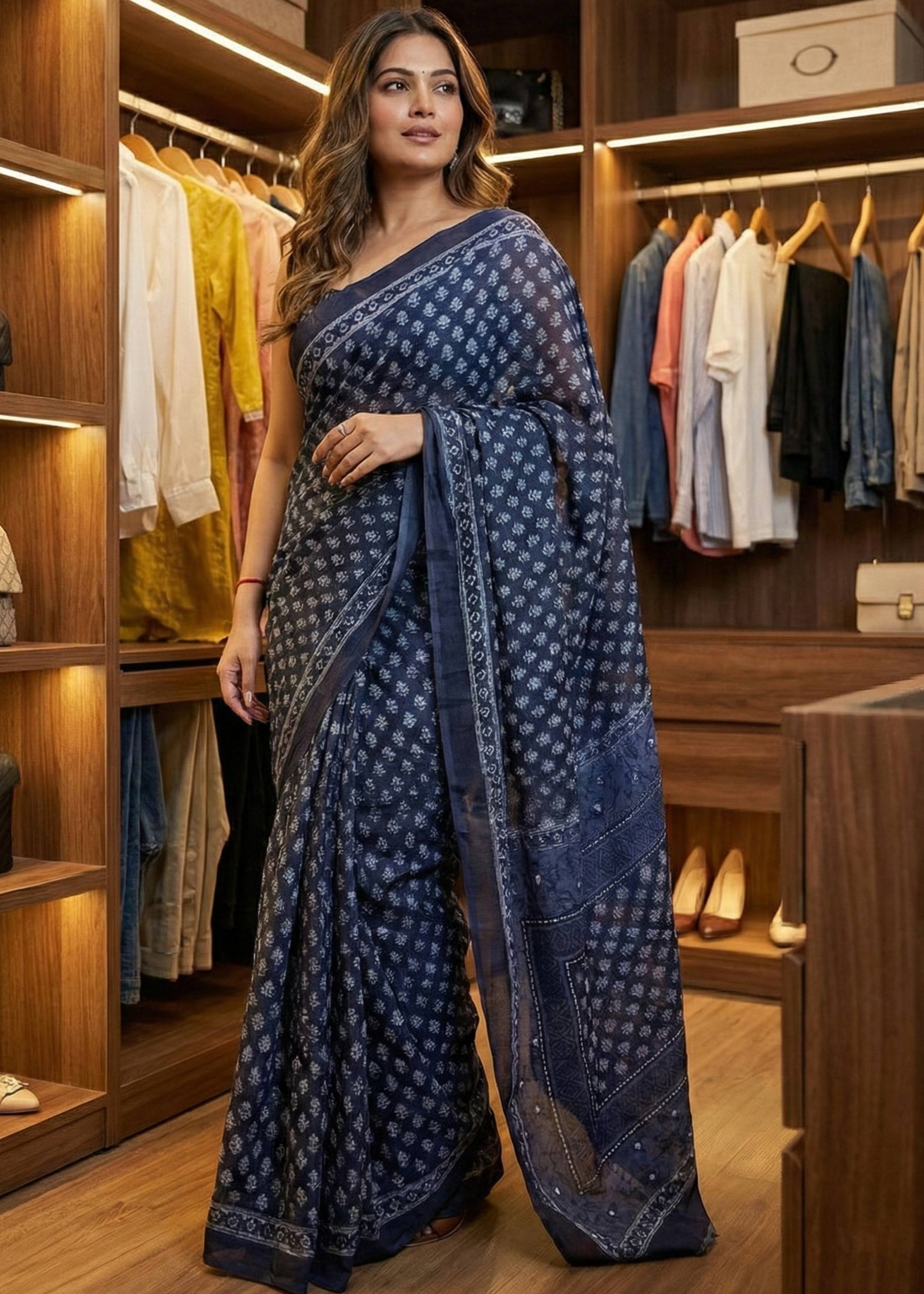 SOFT PURE COTTON JAIPUR BAGRU BLOCK PRINT NEVY BLUE SAREE WITH BLOUSE