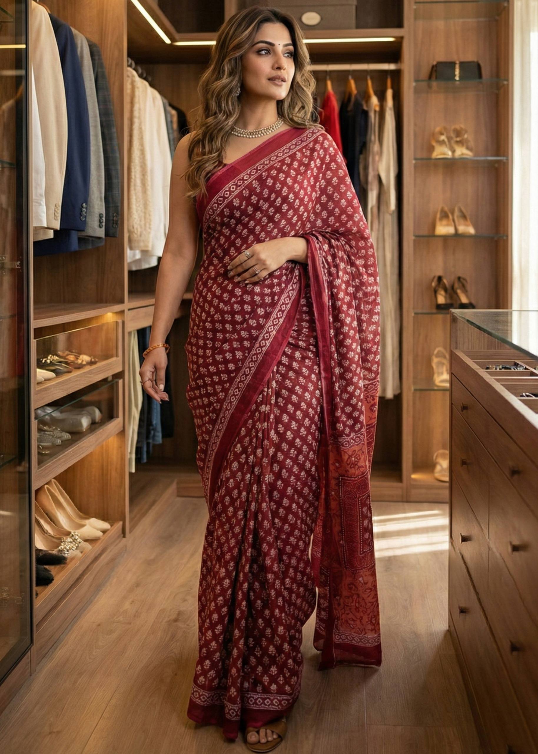 SOFT PURE COTTON JAIPUR BAGRU BLOCK PRINT MAROON SAREE WITH BLOUSE