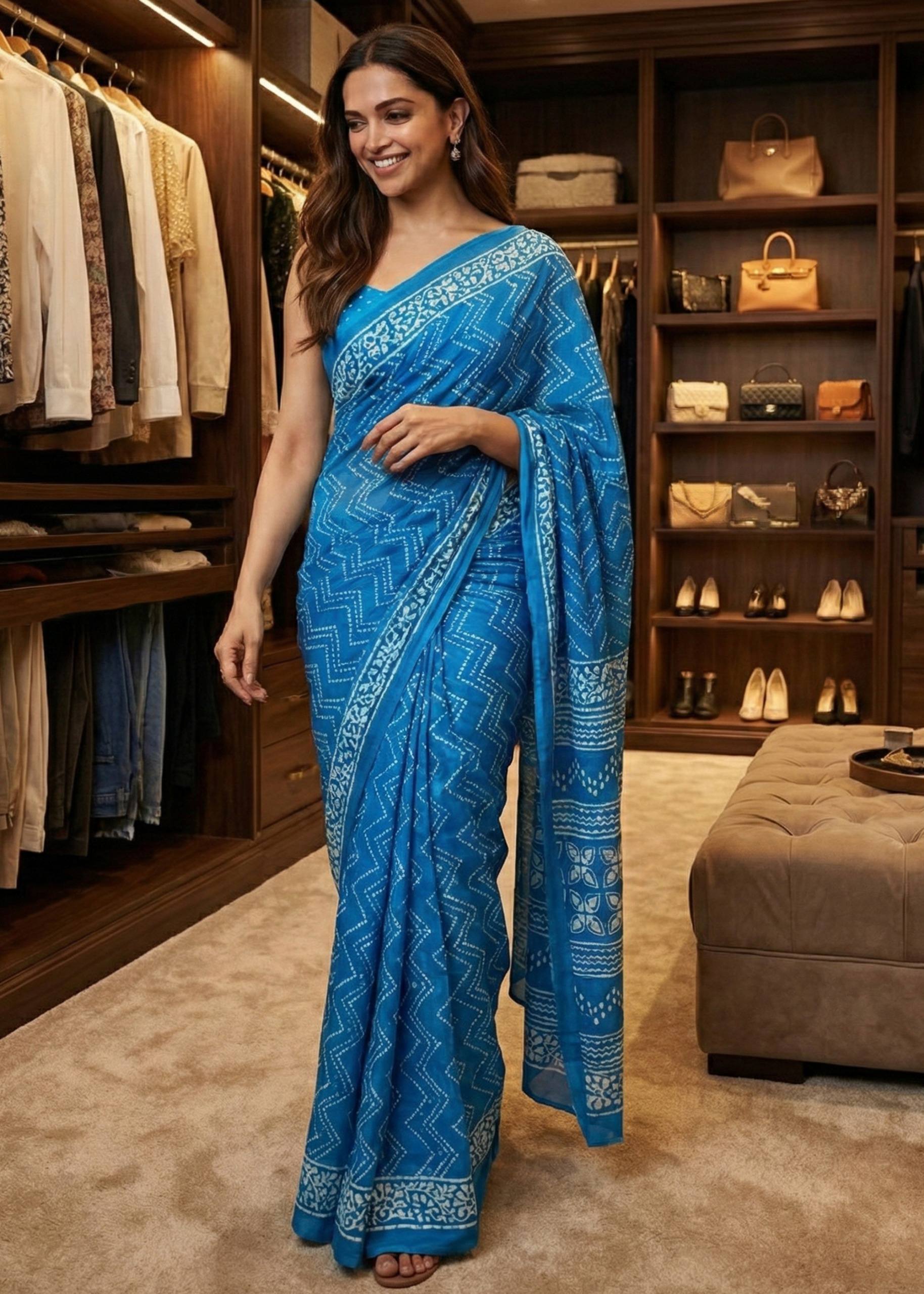SOFT PURE COTTON JAIPUR BAGRU BLOCK PRINT BLUE SAREE WITH BLOUSE