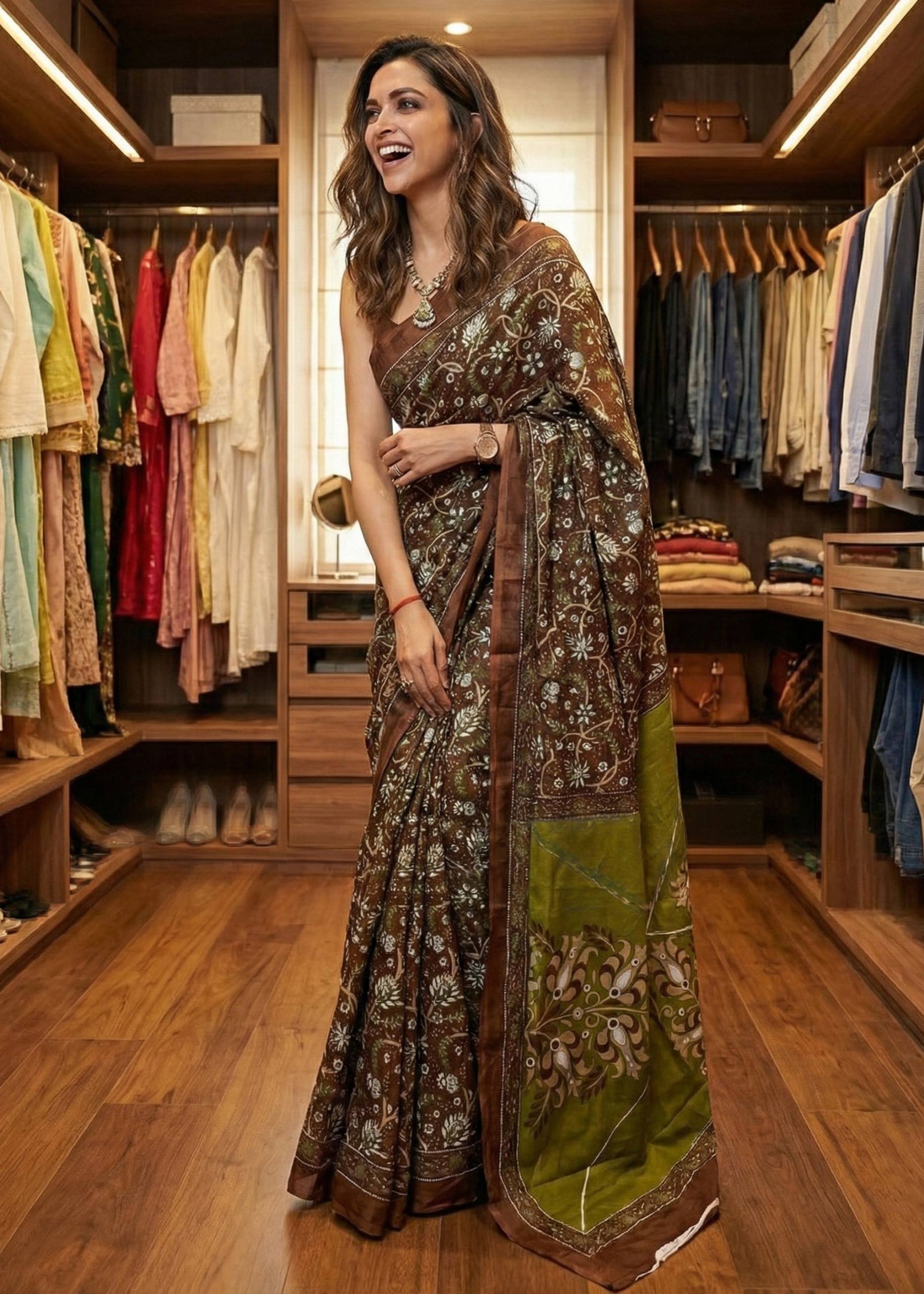 SOFT PURE COTTON JAIPUR BAGRU BLOCK PRINT BROWN SAREE WITH BLOUSE
