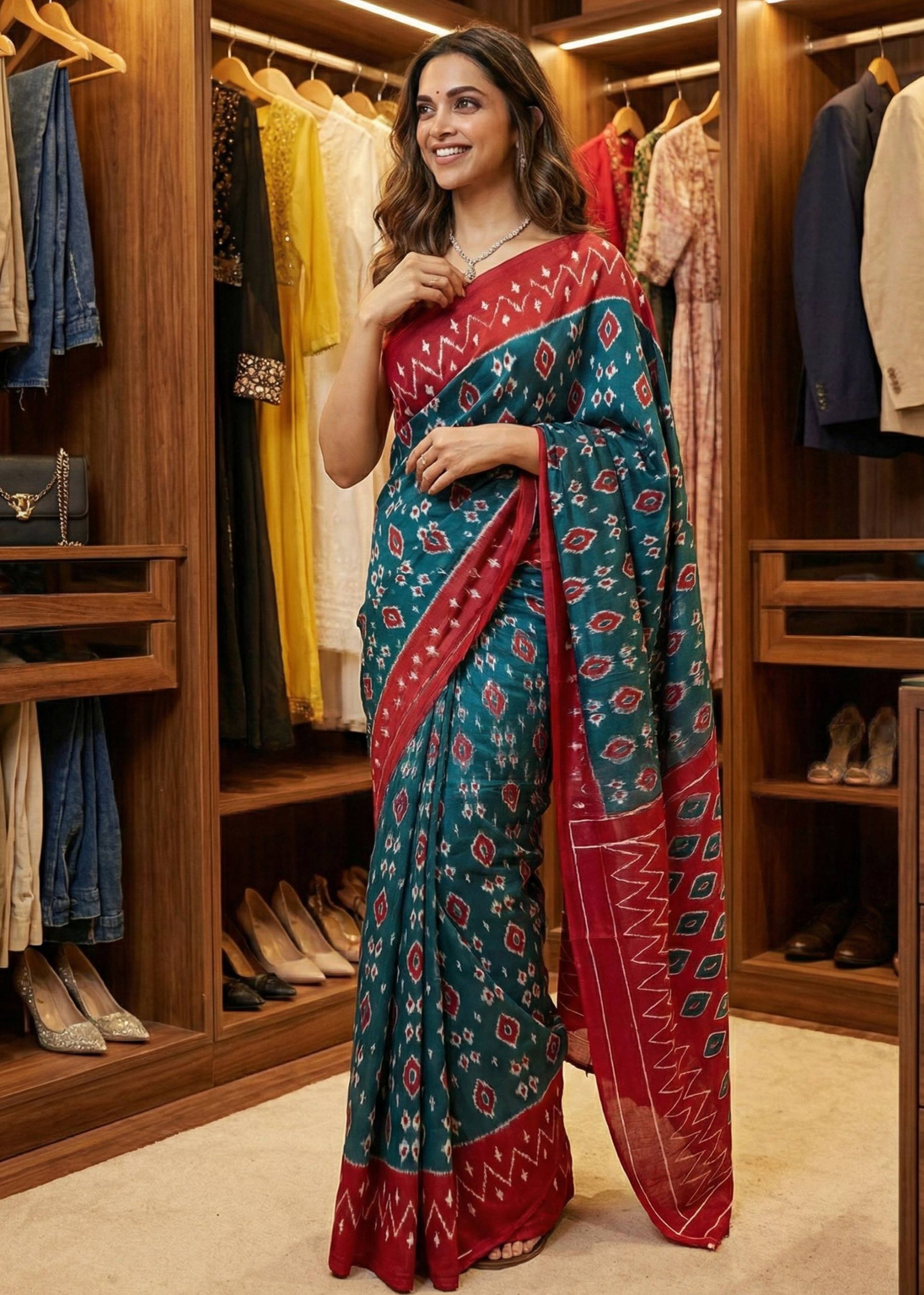 SOFT PURE COTTON JAIPUR BAGRU BLOCK PRINT TEAL SAREE WITH BLOUSE