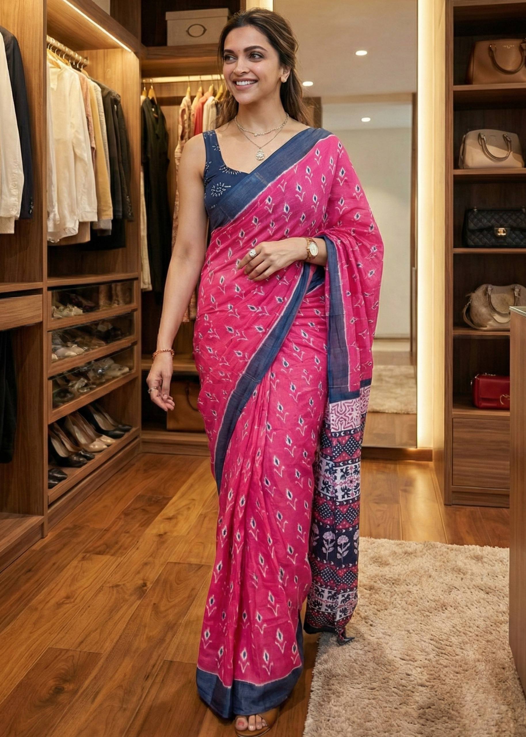 SOFT PURE COTTON JAIPUR BAGRU BLOCK PRINT PINK AND BLACK SAREE WITH BLOUSE
