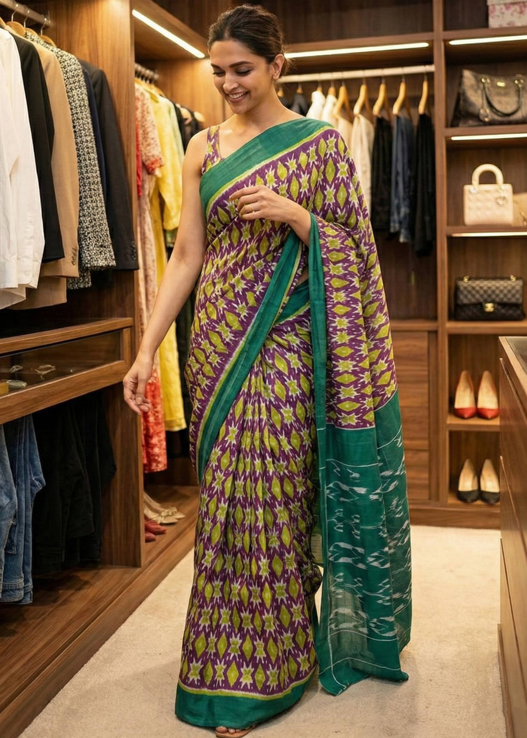 SOFT PURE COTTON JAIPUR BAGRU BLOCK PRINT OLIVE GREEN  SAREE WITH BLOUSE