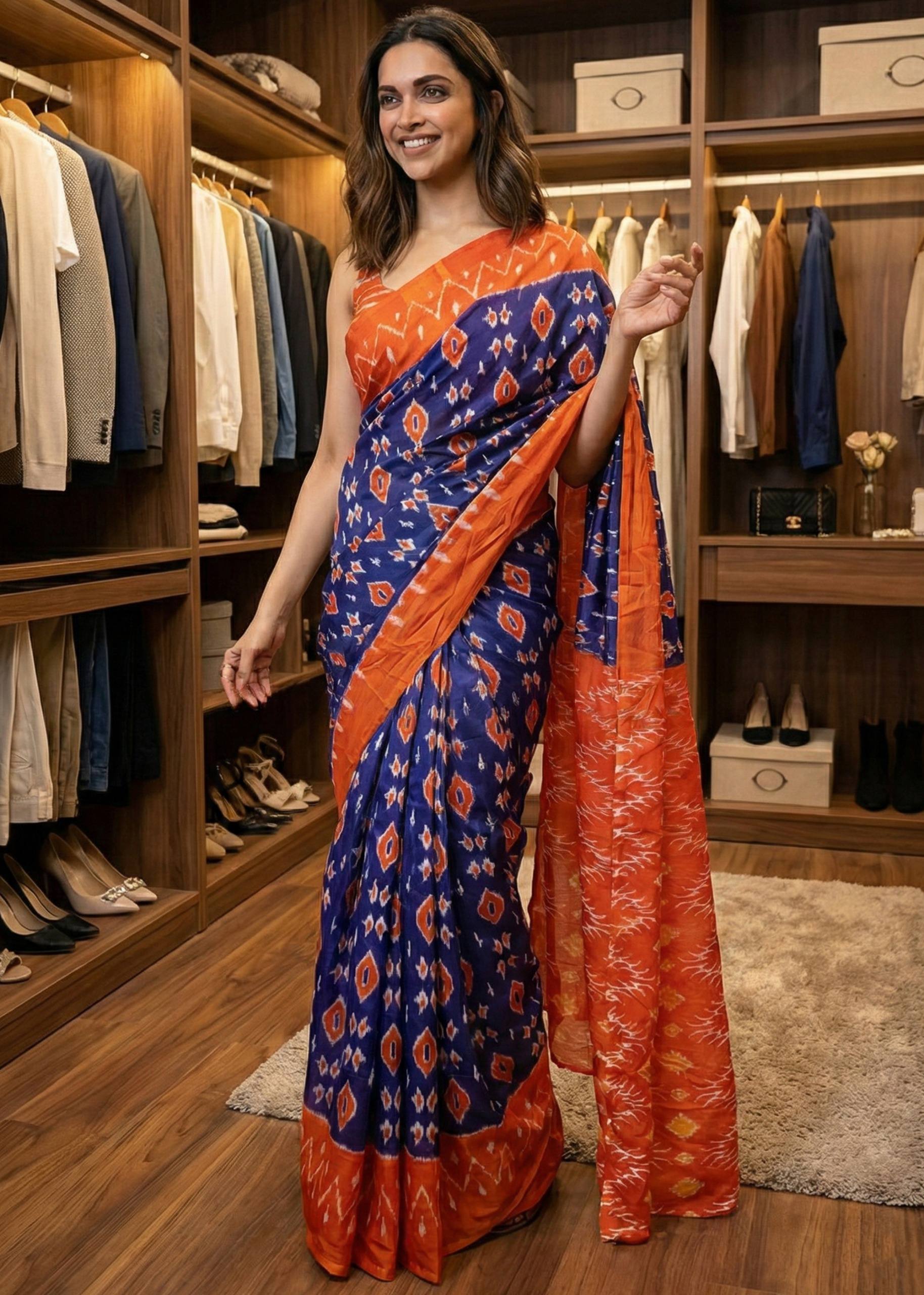 SOFT PURE COTTON JAIPUR BAGRU BLOCK PRINT BLUE AND ORANGE SAREE WITH BLOUSE