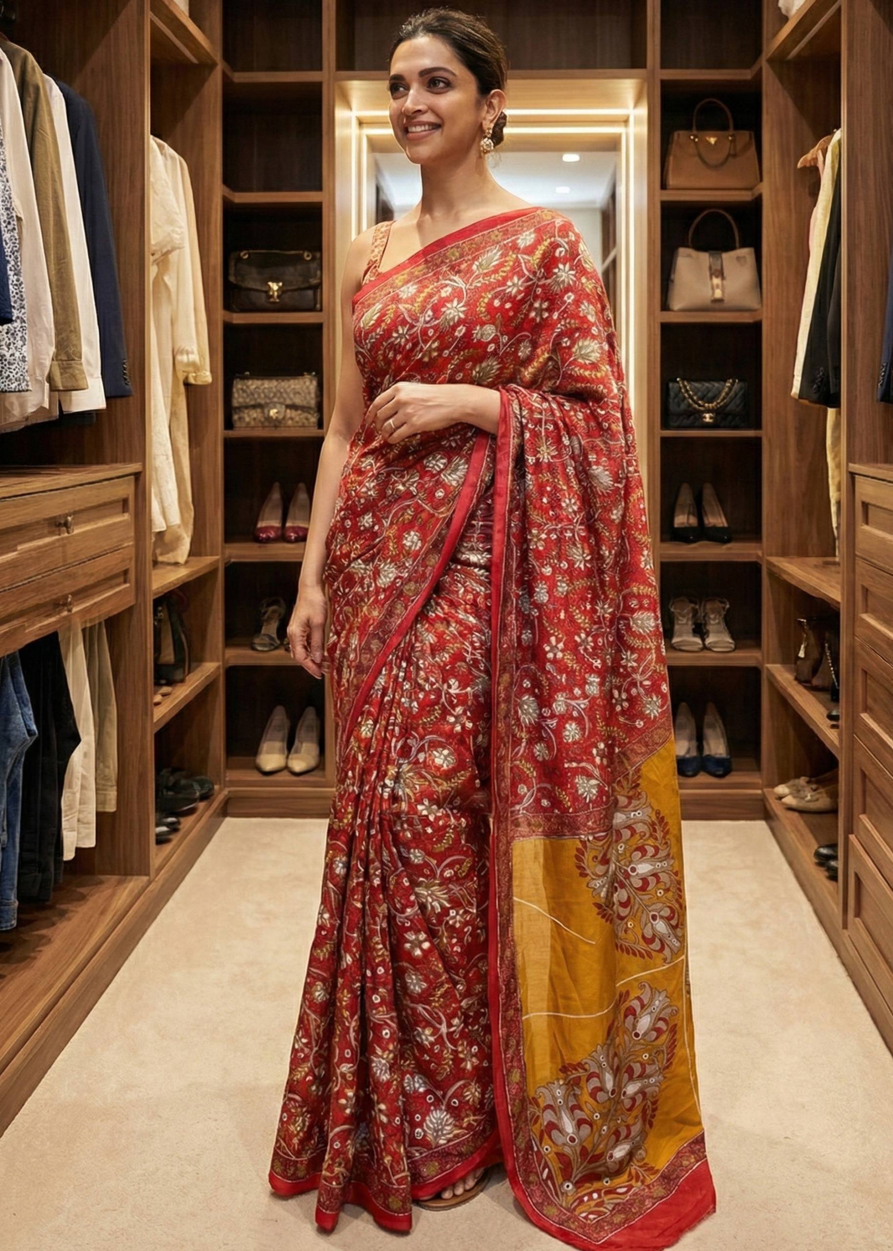 SOFT PURE COTTON JAIPUR BAGRU BLOCK PRINT RUST ORANGE SAREE WITH BLOUSE